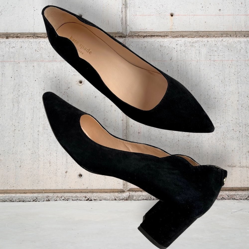 Kate Spade Mindi Yasmin Black Suede Block Heels Scallop Design Size 8